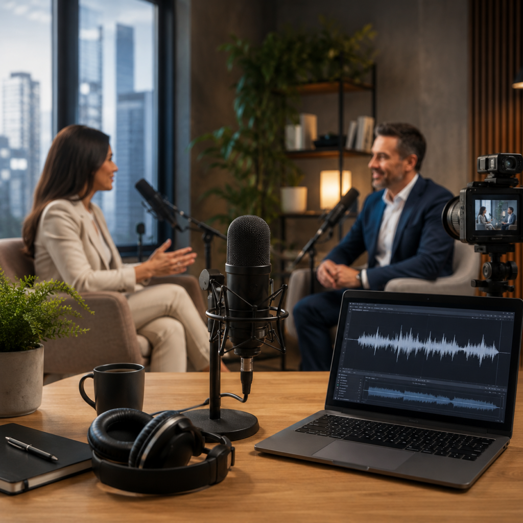 Estudio de podcast corporativo con micrófonos, cámara y profesionales conversando.