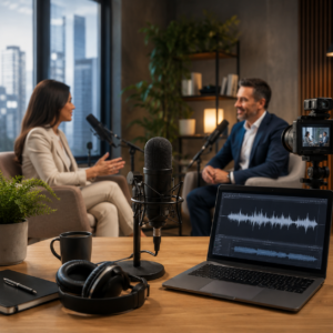 Estudio de podcast corporativo con micrófonos, cámara y profesionales conversando.