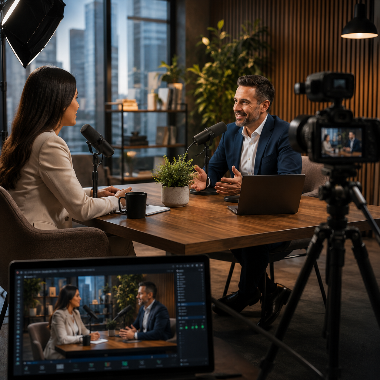 Profesionales participando en la grabación de un videopodcast corporativo.